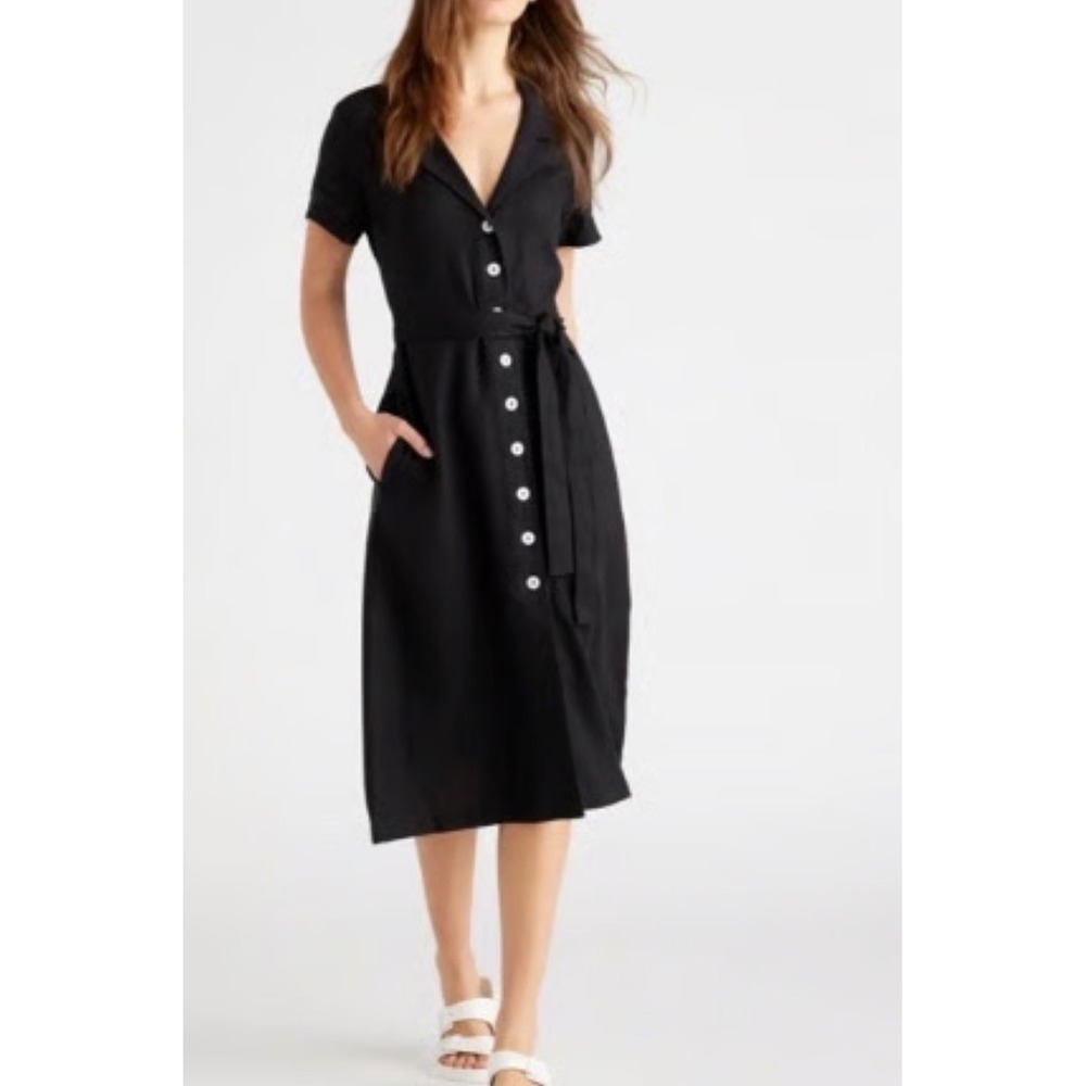Quince Black 100% Linen Belted Button Front Midi Dress XL Vacation quiet luxury